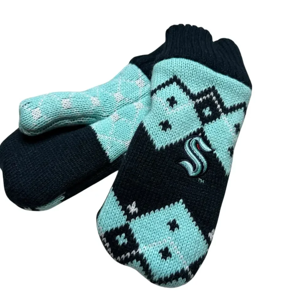 NHL SEATTLE KRAKEN Youth Mittens NWT Blue Hockey‎ Fair Isle Knit